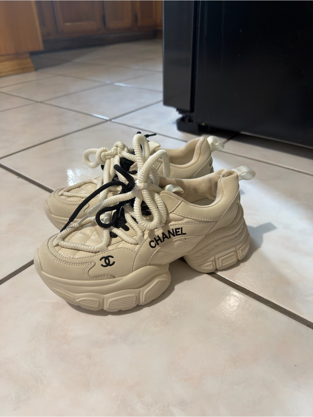 CHANEL Cream and Black Chunky Lace-Up Sneakers Size 5.5